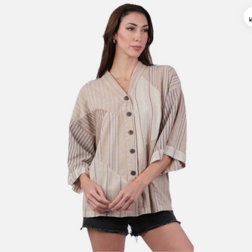 SACRED THREADS striped patch funky hippy button kimono TOP BLOUSE 2X